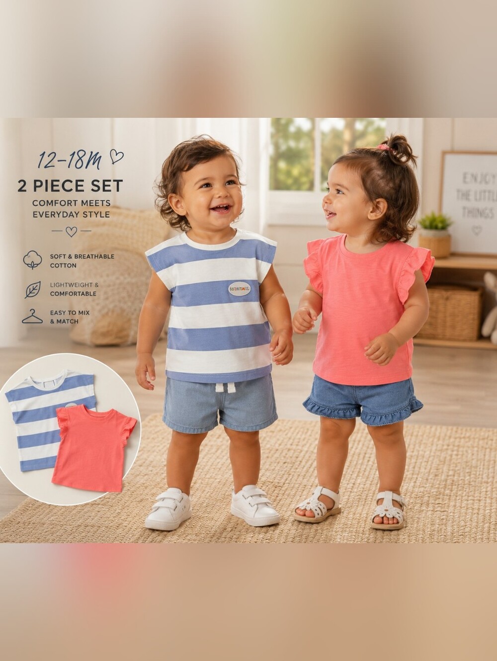 Cat & Jack + Garanimals Top Bundle 12–18M NWT Coral Flutter & Blue Stripe